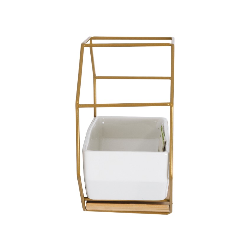 Τεχνητός Κήπος MANDRITE  Διακοσμητικό Κεραμικό Κασπώ Γλάστρα -  Λευκό με Χρυσό Μεταλλικό Πλέγμα και Καφέ Ξύλινη Βάση Μ18 x Π10 x Υ18cm