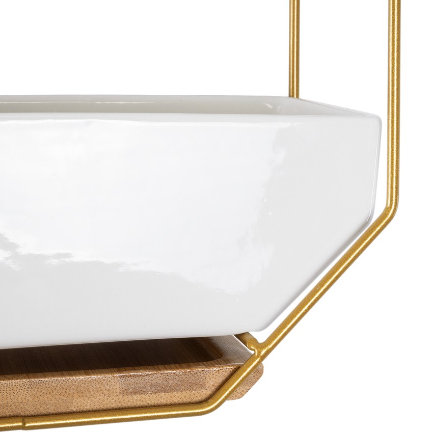 Τεχνητός Κήπος MANDRITE  Διακοσμητικό Κεραμικό Κασπώ Γλάστρα -  Λευκό με Χρυσό Μεταλλικό Πλέγμα και Καφέ Ξύλινη Βάση Μ18 x Π10 x Υ18cm