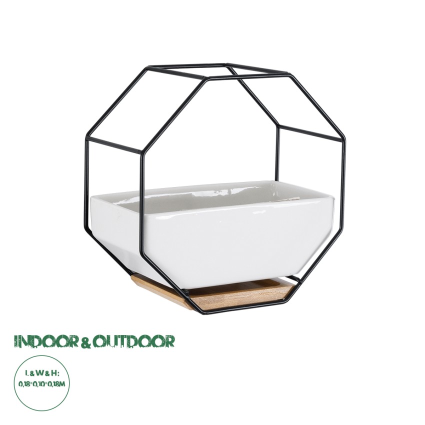 Τεχνητός Κήπος BIANCO  Διακοσμητικό Κεραμικό Κασπώ Γλάστρα -  Λευκό με Μαύρο Μεταλλικό Πλέγμα και Καφέ Ξύλινη Βάση Μ18 x Π10 x Υ18cm