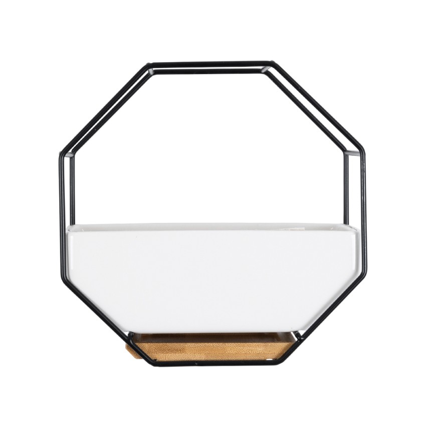 Τεχνητός Κήπος BIANCO  Διακοσμητικό Κεραμικό Κασπώ Γλάστρα -  Λευκό με Μαύρο Μεταλλικό Πλέγμα και Καφέ Ξύλινη Βάση Μ18 x Π10 x Υ18cm