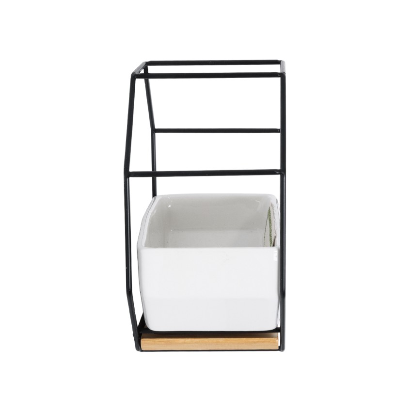 Τεχνητός Κήπος BIANCO  Διακοσμητικό Κεραμικό Κασπώ Γλάστρα -  Λευκό με Μαύρο Μεταλλικό Πλέγμα και Καφέ Ξύλινη Βάση Μ18 x Π10 x Υ18cm