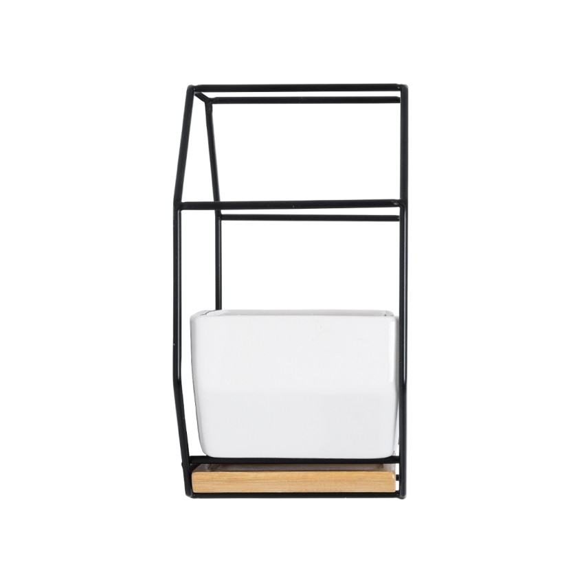 Τεχνητός Κήπος BIANCO  Διακοσμητικό Κεραμικό Κασπώ Γλάστρα -  Λευκό με Μαύρο Μεταλλικό Πλέγμα και Καφέ Ξύλινη Βάση Μ18 x Π10 x Υ18cm