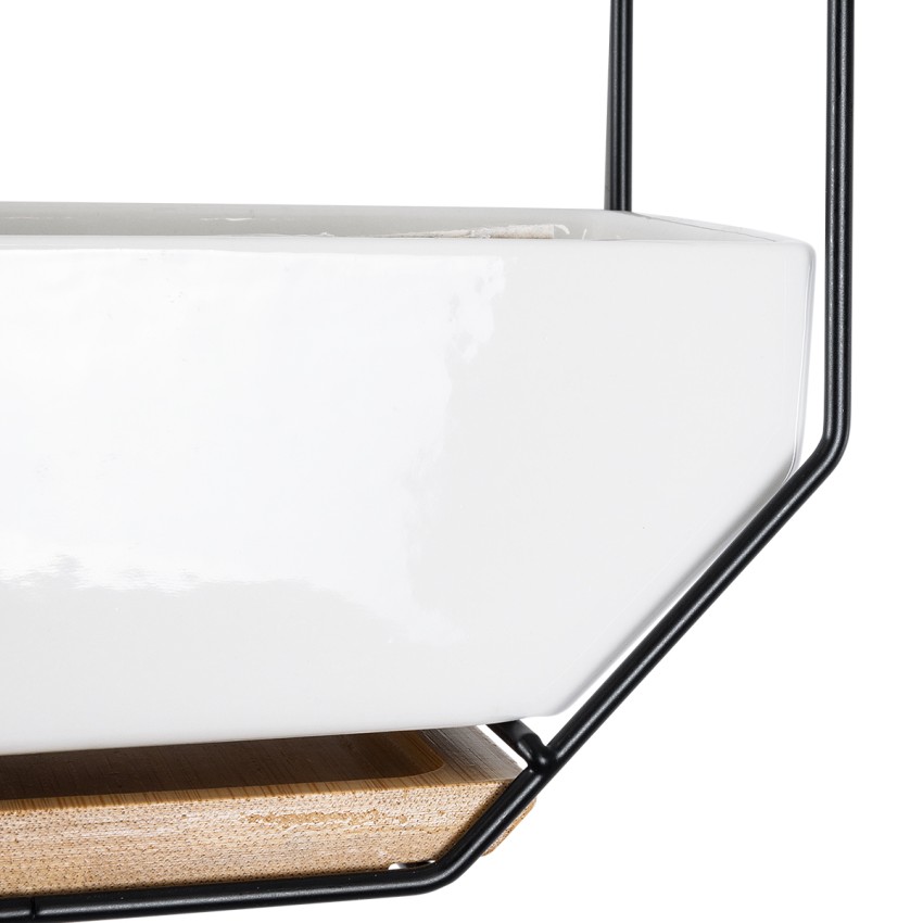 Τεχνητός Κήπος BIANCO  Διακοσμητικό Κεραμικό Κασπώ Γλάστρα -  Λευκό με Μαύρο Μεταλλικό Πλέγμα και Καφέ Ξύλινη Βάση Μ18 x Π10 x Υ18cm