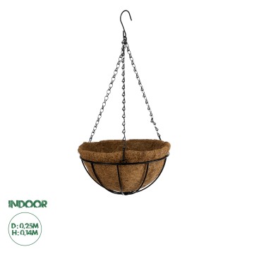 Τεχνητός Κήπος SALAMINA  Κρεμαστό Διακοσμητικό Κασπώ Γλάστρα -  από Φλοιό Καρύδας Καφέ με Μαύρη Μεταλλική Βάση Φ25 x Υ14cm