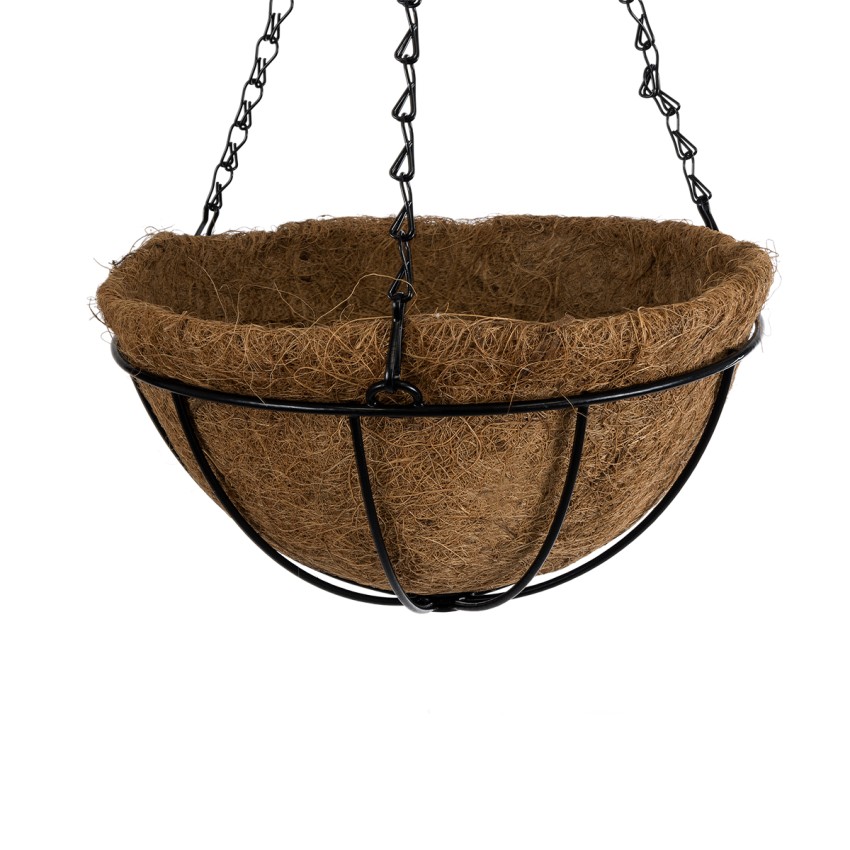 Τεχνητός Κήπος SALAMINA  Κρεμαστό Διακοσμητικό Κασπώ Γλάστρα -  από Φλοιό Καρύδας Καφέ με Μαύρη Μεταλλική Βάση Φ25 x Υ14cm