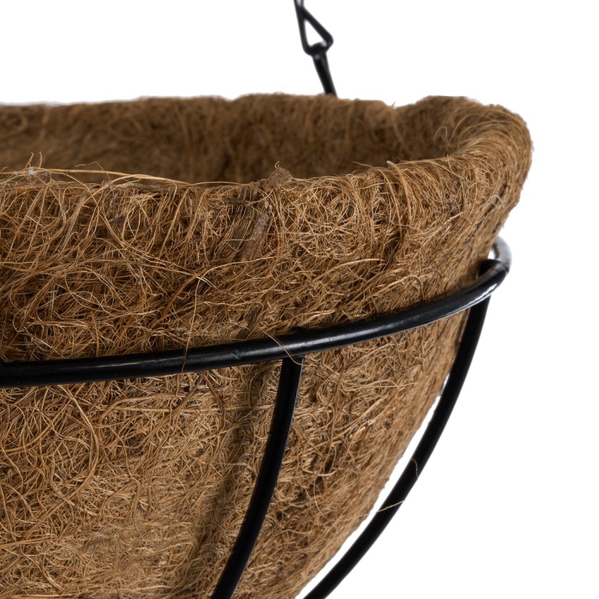 Τεχνητός Κήπος SALAMINA  Κρεμαστό Διακοσμητικό Κασπώ Γλάστρα -  από Φλοιό Καρύδας Καφέ με Μαύρη Μεταλλική Βάση Φ25 x Υ14cm