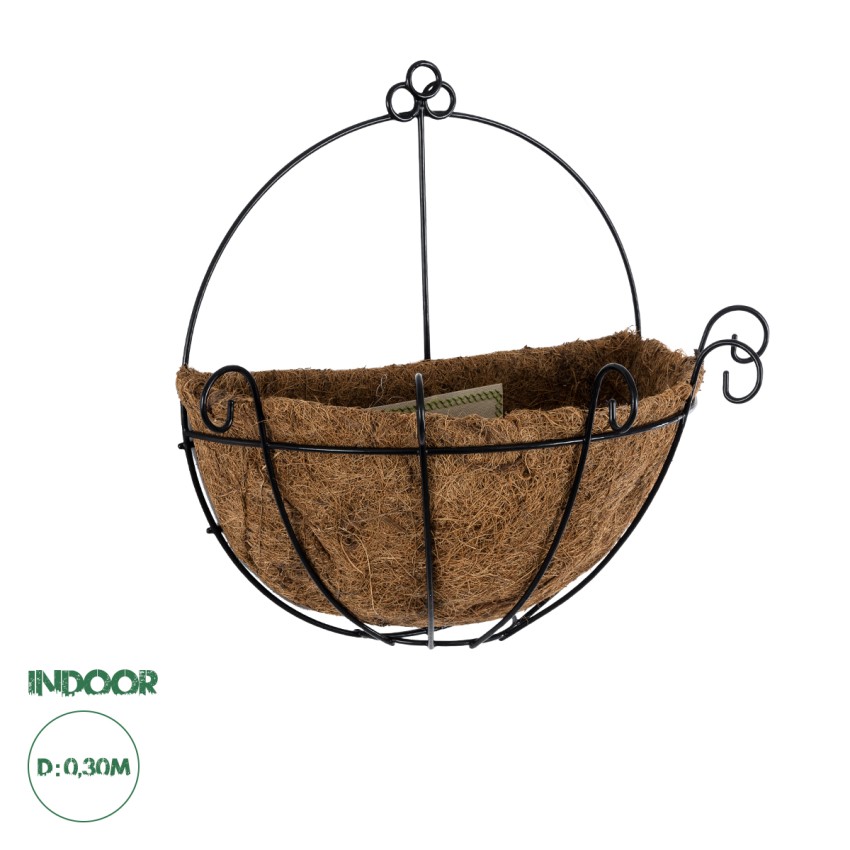 Τεχνητός Κήπος KOUFONISIA  Κρεμαστό Διακοσμητικό Κασπώ Γλάστρα -  από Φλοιό Καρύδας Καφέ με Μαύρη Μεταλλική Βάση Φ30 x Υ33cm