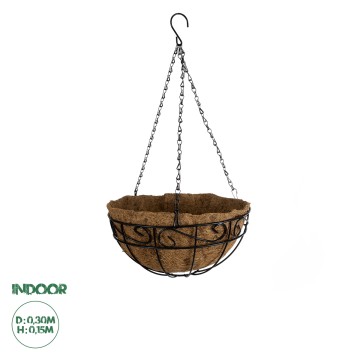 Τεχνητός Κήπος KARYSTOS  Κρεμαστό Διακοσμητικό Κασπώ Γλάστρα -  από Φλοιό Καρύδας Καφέ με Μαύρη Μεταλλική Βάση Φ30 x Υ15cm