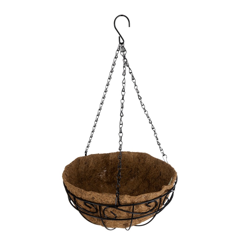 Τεχνητός Κήπος KARYSTOS  Κρεμαστό Διακοσμητικό Κασπώ Γλάστρα -  από Φλοιό Καρύδας Καφέ με Μαύρη Μεταλλική Βάση Φ30 x Υ15cm