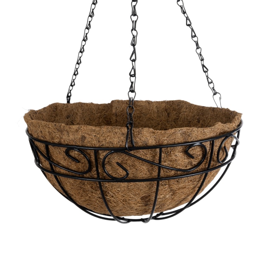 Τεχνητός Κήπος KARYSTOS  Κρεμαστό Διακοσμητικό Κασπώ Γλάστρα -  από Φλοιό Καρύδας Καφέ με Μαύρη Μεταλλική Βάση Φ30 x Υ15cm