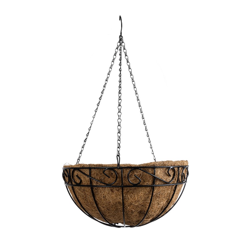 Τεχνητός Κήπος KARYSTOS  Κρεμαστό Διακοσμητικό Κασπώ Γλάστρα -  από Φλοιό Καρύδας Καφέ με Μαύρη Μεταλλική Βάση Φ35 x Υ18cm