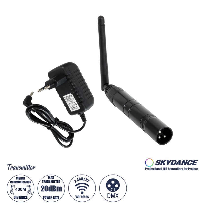 GLOBOSTAR® SKYDANCE-DM-WT  DMX512 Ασύρματος Πομπός RF 2.4Ghz ISM GFSK 20dBm 400m Αρσενικό XLR3 DC 5V IP20 - Μ1.9 x Π1.9 x Υ22cm