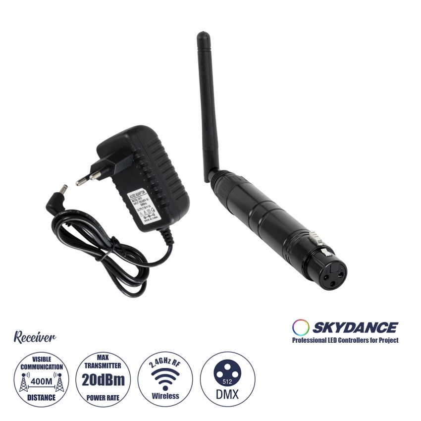 GLOBOSTAR® SKYDANCE-DM-WR  DMX512 Ασύρματος Δέκτης RF 2.4Ghz ISM GFSK 20dBm 400m Θηλυκό XLR3 DC 5V IP20 - Μ1.9 x Π1.9 x Υ22cm