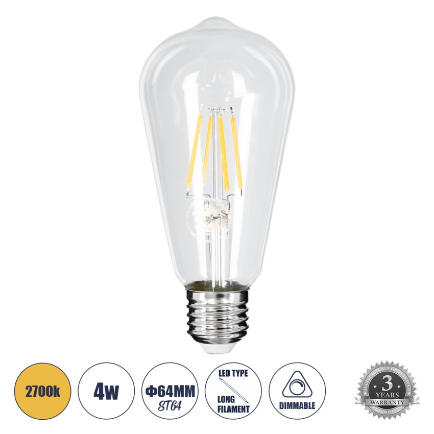Λάμπα LED Long Filament E27 ST64 Αχλάδι 4W 400lm 360° AC 220-240V IP20 Φ6.4 x Υ14cm Θερμό Λευκό 2700K με Διάφανο Γυαλί Dimmable