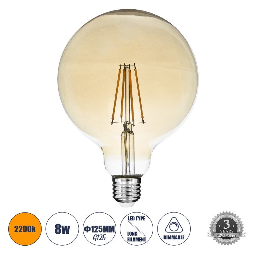 Λάμπα LED Long Filament E27 G125 Γλόμπος 8W 720lm 360° AC 220-240V IP20 Φ12.5 x Υ18cm Ultra Θερμό Λευκό 2200 K με Μελί Γυαλί Dimmable