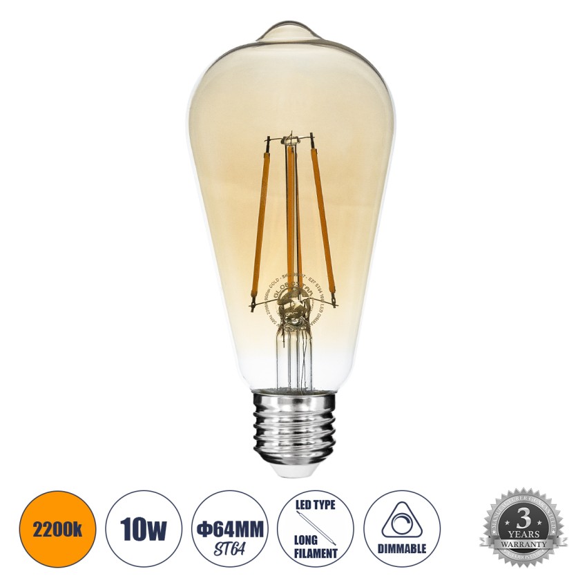 Λάμπα LED Long Filament E27 ST64 Αχλάδι 10W 900lm 360° AC 220-240V IP20 Φ6.4 x Υ14cm  Ultra Θερμό Λευκό 2200K με Μελί Γυαλί Dimmable