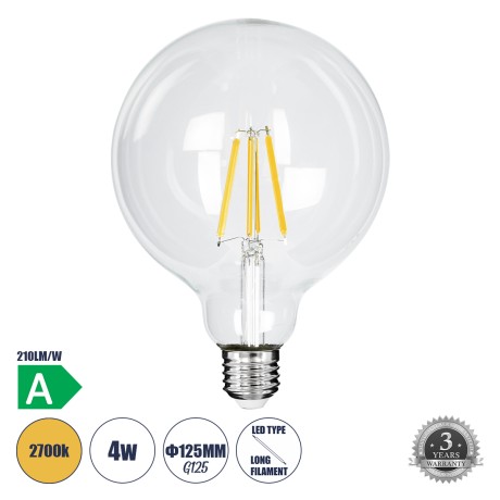 Λάμπα LED Long Filament E27 G125 Γλόμπος 4W 840lm 360° AC 220-240V IP20 Φ12.5 x Υ13.8cm Θερμό Λευκό 2700K με Διάφανο Γυαλί - Pro Series 210lm/W - A Ενεργειακή Κλάση
