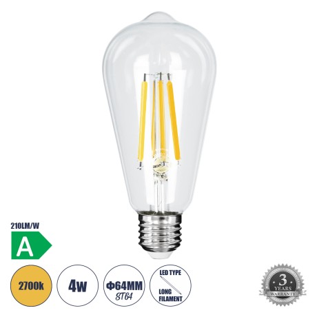 Λάμπα LED Long Filament E27 ST64 Αχλάδι 4W 840lm 360° AC 220-240V IP20 Φ6.4 x Υ14.5cm Θερμό Λευκό 2700K με Διάφανο Γυαλί - Pro Series 210lm/W - A Ενεργειακή Κλάση