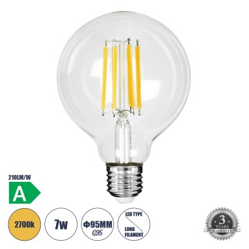 Λάμπα LED Long Filament E27 G95 Γλόμπος 7W 1470lm 360° AC 220-240V IP20 Φ9.5 x Υ13.8cm Θερμό Λευκό 2700K με Διάφανο Γυαλί - Pro Series 210lm/W - A Ενεργειακή Κλάση