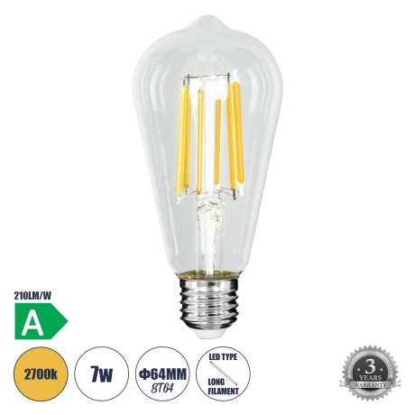 Λάμπα LED Long Filament E27 ST64 Αχλάδι 7W 1470lm 360° AC 220-240V IP20 Φ6.4 x Υ14.5cm Θερμό Λευκό 2700K με Διάφανο Γυαλί - Pro Series 210lm/W - A Ενεργειακή Κλάση
