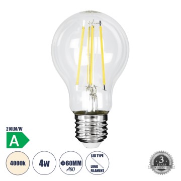 Λάμπα LED Long Filament E27 A60 Γλόμπος 4W 840lm 360° AC 220-240V IP20 Φ6 x Υ11cm Φυσικό Λευκό 4000K με Διάφανο Γυαλί - Pro Series 210lm/W - A Ενεργειακή Κλάση