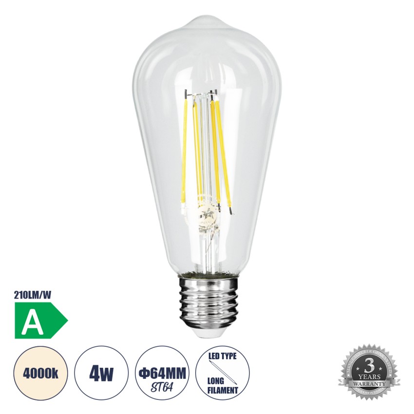Λάμπα LED Long Filament E27 ST64 Αχλάδι 4W 840lm 360° AC 220-240V IP20 Φ6.4 x Υ14.5cm Φυσικό Λευκό 4000K με Διάφανο Γυαλί - Pro Series 210lm/W - A Ενεργειακή Κλάση
