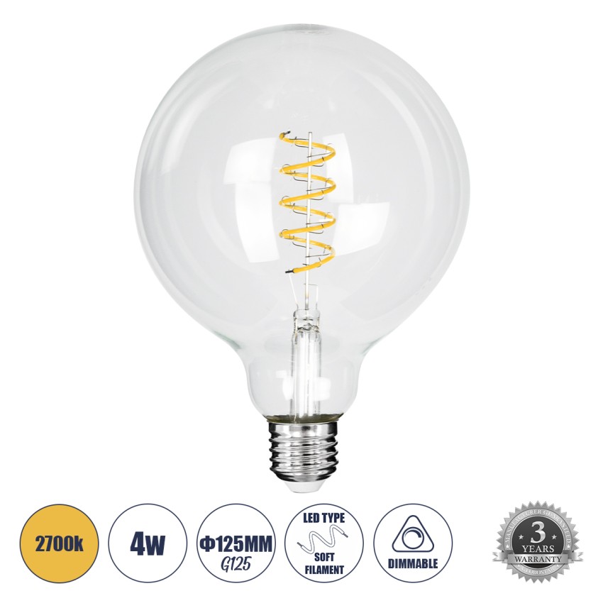 Λάμπα LED  Soft S Spiral Filament E27 G125 Γλόμπος 4W 300lm 360° AC 220-240V IP20 Φ12.5 x Υ18cm Θερμό Λευκό 2700K με Διάφανο Γυαλί Dimmable