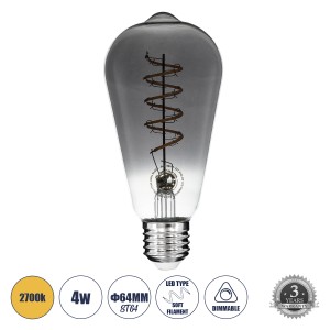 Λάμπα LED Soft S Spiral Filament E27 ST64 Αχλάδι 4W 280lm 360° AC 220-240V IP20 Φ6.4 x Υ14cm Θερμό Λευκό 2700K με Φιμέ Γυαλί Dimmable