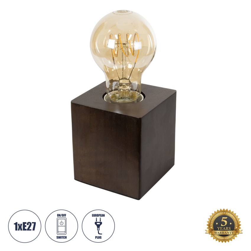 WOODBOX  Μοντέρνο Ξύλινο Επιτραπέζιο Φωτιστικό Πορτατίφ Λαμπατέρ με Ντουί E27 Μονόφωτο Κύβος Καφέ Σκούρο - Καρυδιά με 1.8m καλώδιο και διακόπτη M8 x Π8 x Υ8cm