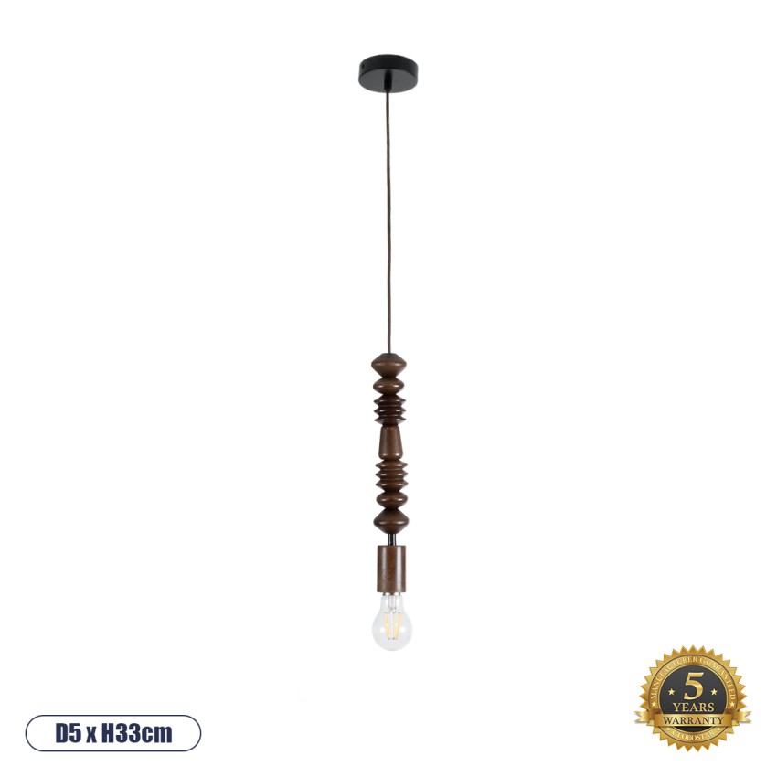 BEADS  Vintage Κρεμαστό Φωτιστικό Ανάρτηση Μονόφωτο 1 x E27 IP20 Καφέ Ξύλο - Μ5 x Π5 x Y33cm