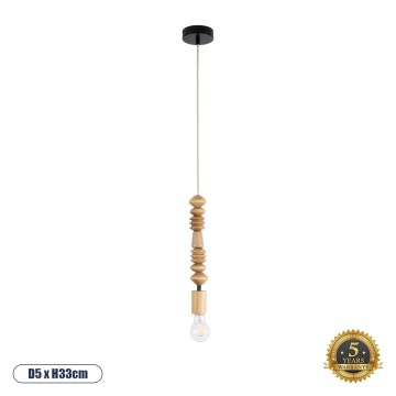 BEADS  Vintage Κρεμαστό Φωτιστικό Ανάρτηση Μονόφωτο 1 x E27 IP20 Μπεζ Ξύλο - Μ5 x Π5 x Υ33cm