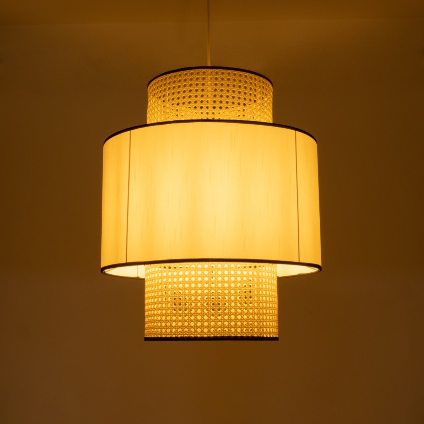 SAIGE  Boho Κρεμαστό Φωτιστικό Πλέγμα Μονόφωτο 1 x E27 IP20 Μπεζ Ξύλο με Μπεζ & Μαύρο Ύφασμα - Μ50 x Π50 x Υ60cm