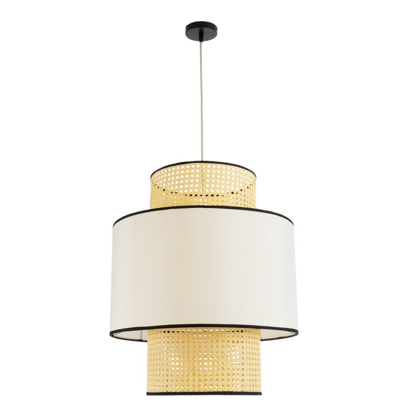 SAIGE  Boho Κρεμαστό Φωτιστικό Πλέγμα Μονόφωτο 1 x E27 IP20 Μπεζ Ξύλο με Μπεζ & Μαύρο Ύφασμα - Μ50 x Π50 x Υ60cm