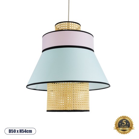 SAIGE  Boho Κρεμαστό Φωτιστικό Πλέγμα Μονόφωτο 1 x E27 IP20 Μπεζ Ξύλο με Πολύχρωμο Ύφασμα - Μ50 x Π50 x Υ54cm