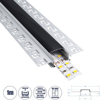 PLASTERBOARD-PROFILE  Προφίλ Αλουμινίου - Βάση & Ψύκτρα Ταινίας LED με Μαύρο Φιμέ Κάλυμμα - Χωνευτή Χρήση σε Γυψοσανίδα - Trimless - Πατητό Κάλυμμα - Ασημί - 1 Μέτρο - Μ100 x Π6.7 x Υ1.4cm