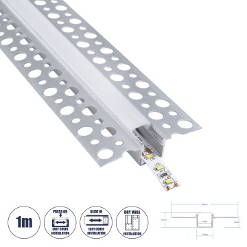 PLASTERBOARD-PROFILE  Προφίλ Αλουμινίου - Βάση & Ψύκτρα Ταινίας LED με Λευκό Γαλακτερό Κάλυμμα - Χωνευτή Χρήση σε Γυψοσανίδα - Trimless - Πατητό Κάλυμμα - Ασημί - 1 Μέτρο - Μ100 x Π5.6 x Υ1.5cm