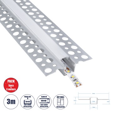 GLOBOSTAR® ALP-PLASTERIN GYPSO  Χωνευτό Προφίλ Αλουμινίου Ειδικό για Γυψοσανίδα με Λευκό Γαλακτερό Πατητό Κάλυμμα για Ταινίες LED IP20 - Ασημί & Λευκό - Μ300 x Π5.6 x Υ1.3cm - Πακέτο 5 Τεμαχίων