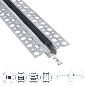 PLASTERBOARD-PROFILE  Προφίλ Αλουμινίου - Βάση & Ψύκτρα Ταινίας LED με Μαύρο Φιμέ Κάλυμμα - Χωνευτή Χρήση σε Γυψοσανίδα - Trimless - Πατητό Κάλυμμα - Ασημί - 1 Μέτρο - Μ100 x Π5.6 x Υ1.5cm