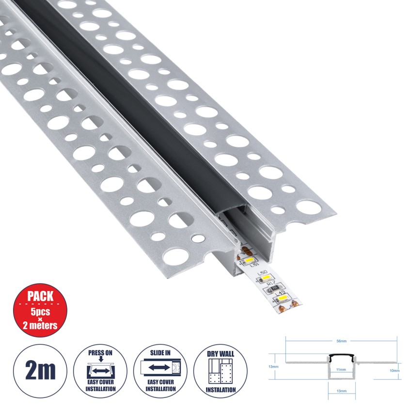 PLASTERBOARD-PROFILE  Προφίλ Αλουμινίου - Βάση & Ψύκτρα Ταινίας LED με Μαύρο Φιμέ Κάλυμμα - Χωνευτή Χρήση σε Γυψοσανίδα - Trimless - Πατητό Κάλυμμα - Ασημί - 2 Μέτρα - Πακέτο 5 Τεμαχίων - Μ200 x Π5.6 x Υ1.5cm