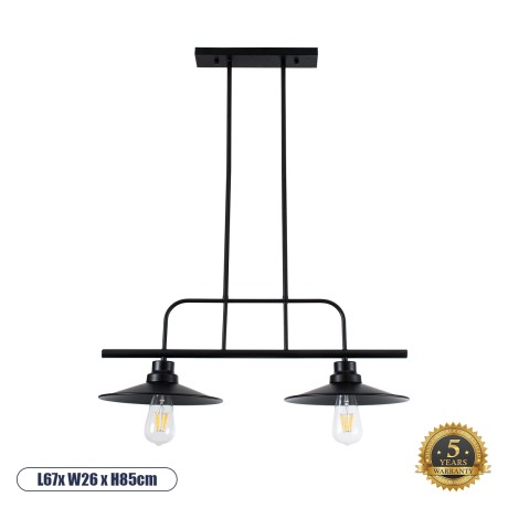 GLOBOSTAR® REGAL  Vintage Φωτιστικό Οροφής με Ντουί 2 x E27 AC 220-240V IP20 - Μαύρο - Μ67 x Π26 x Υ85cm