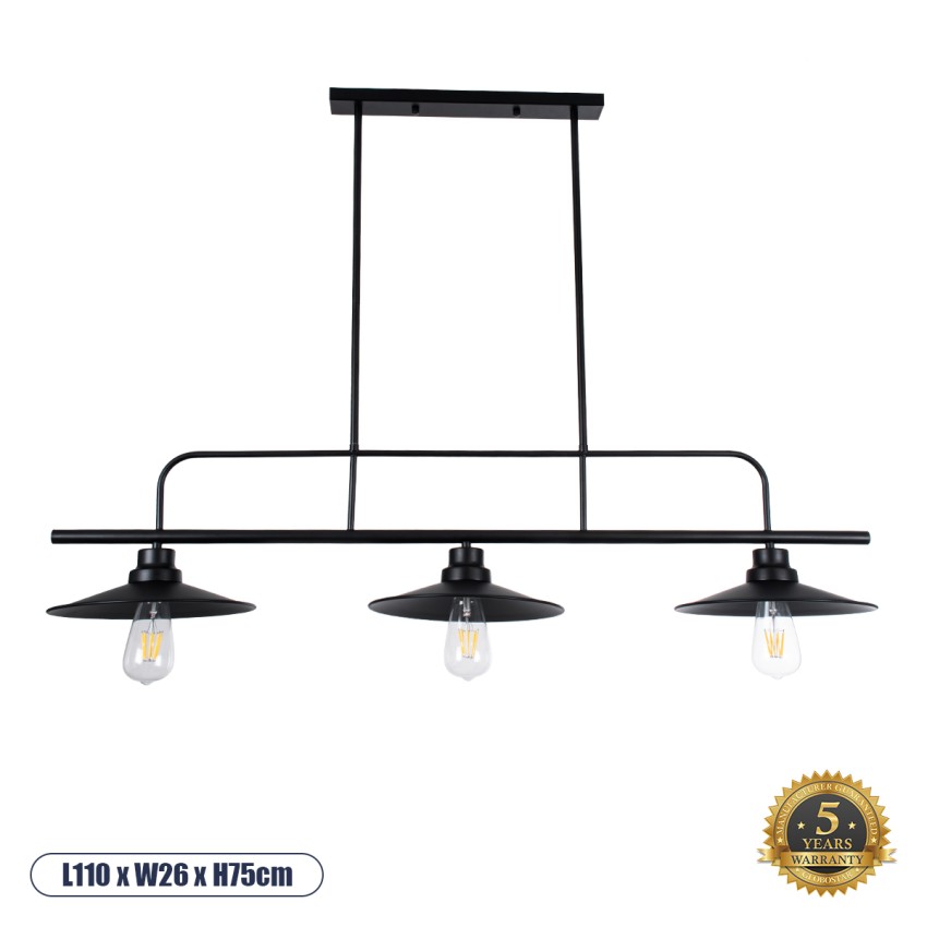 GLOBOSTAR® REGAL  Vintage Φωτιστικό Οροφής με Ντουί 3 x E27 AC 220-240V IP20 - Μαύρο - Μ110 x Π26 x Υ75cm