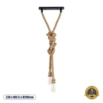 GLOBOSTAR® ROPE  Boho Κρεμαστό Φωτιστικό Οροφής με Ντουί 2 x E27 AC 220-240V IP20 - Μπεζ - Μ38 x Π3.5 x Υ200cm