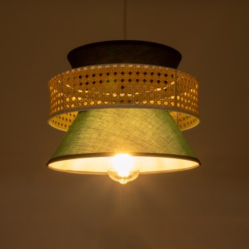 SAIGE  Boho Κρεμαστό Φωτιστικό Πλέγμα Μονόφωτο 1 x E27 IP20 Μπεζ Ξύλο με Μαύρο & Πράσινο Ύφασμα - Μ30 x Π30 x Υ22cm