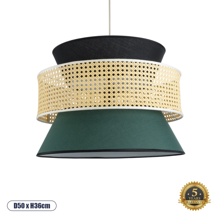 SAIGE  Boho Κρεμαστό Φωτιστικό Πλέγμα Μονόφωτο 1 x E27 IP20 Μπεζ Ξύλο με Μαύρο & Πράσινο Ύφασμα - Μ50 x Π50 x Υ36cm