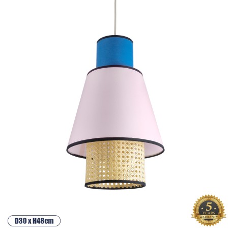 SAIGE  Boho Κρεμαστό Φωτιστικό Πλέγμα Μονόφωτο 1 x E27 IP20 Μπεζ Ξύλο με Μπλε & Ροζ Ύφασμα - Μ30 x Π30 x Υ48cm