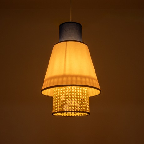 SAIGE  Boho Κρεμαστό Φωτιστικό Πλέγμα Μονόφωτο 1 x E27 IP20 Μπεζ Ξύλο με Μπλε & Ροζ Ύφασμα - Μ30 x Π30 x Υ48cm