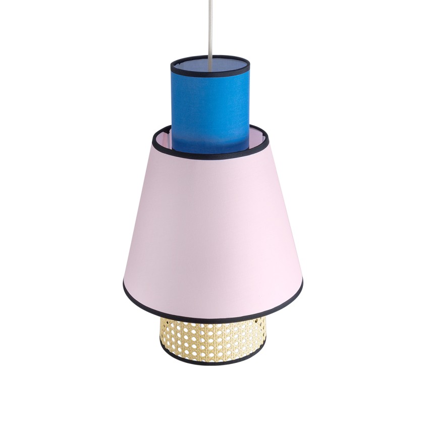 SAIGE  Boho Κρεμαστό Φωτιστικό Πλέγμα Μονόφωτο 1 x E27 IP20 Μπεζ Ξύλο με Μπλε & Ροζ Ύφασμα - Μ30 x Π30 x Υ48cm