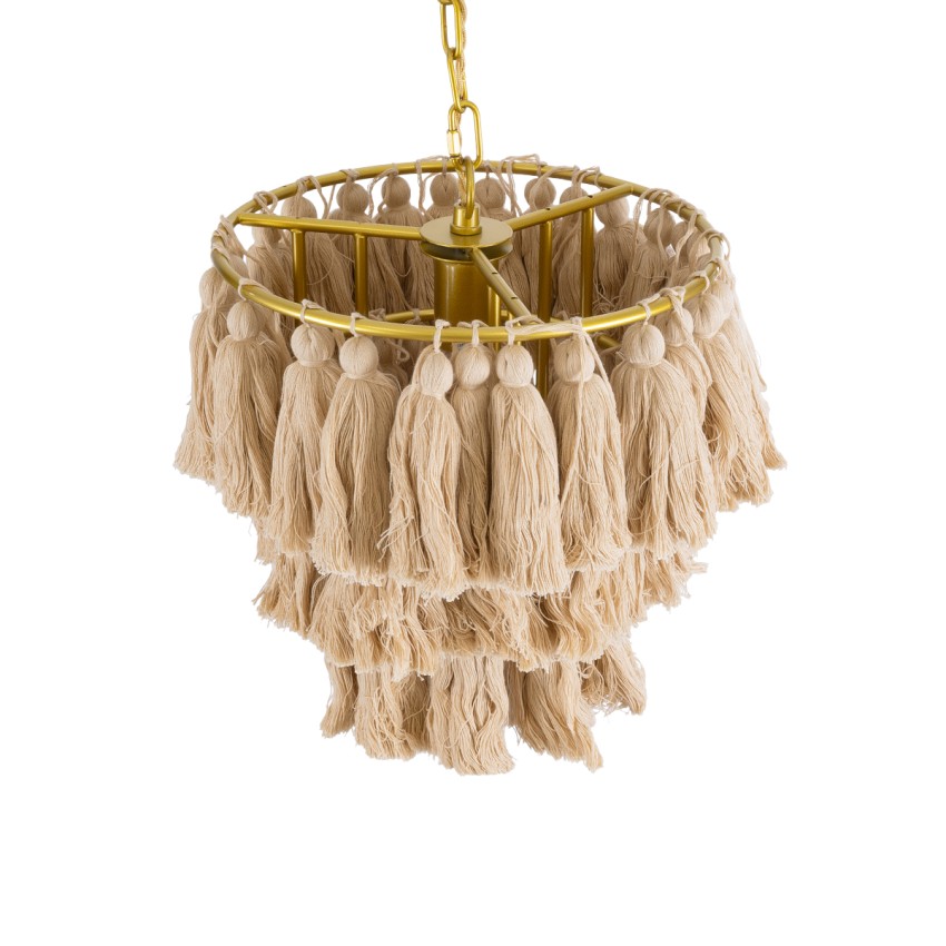 MISSOULA  Boho Κρεμαστό Φωτιστικό Σχοινί Μονόφωτο 1 x E27 IP20 Μπεζ Ύφασμα με Χρυσό Μέταλλο - Μ30 x Π30 x Υ40cm