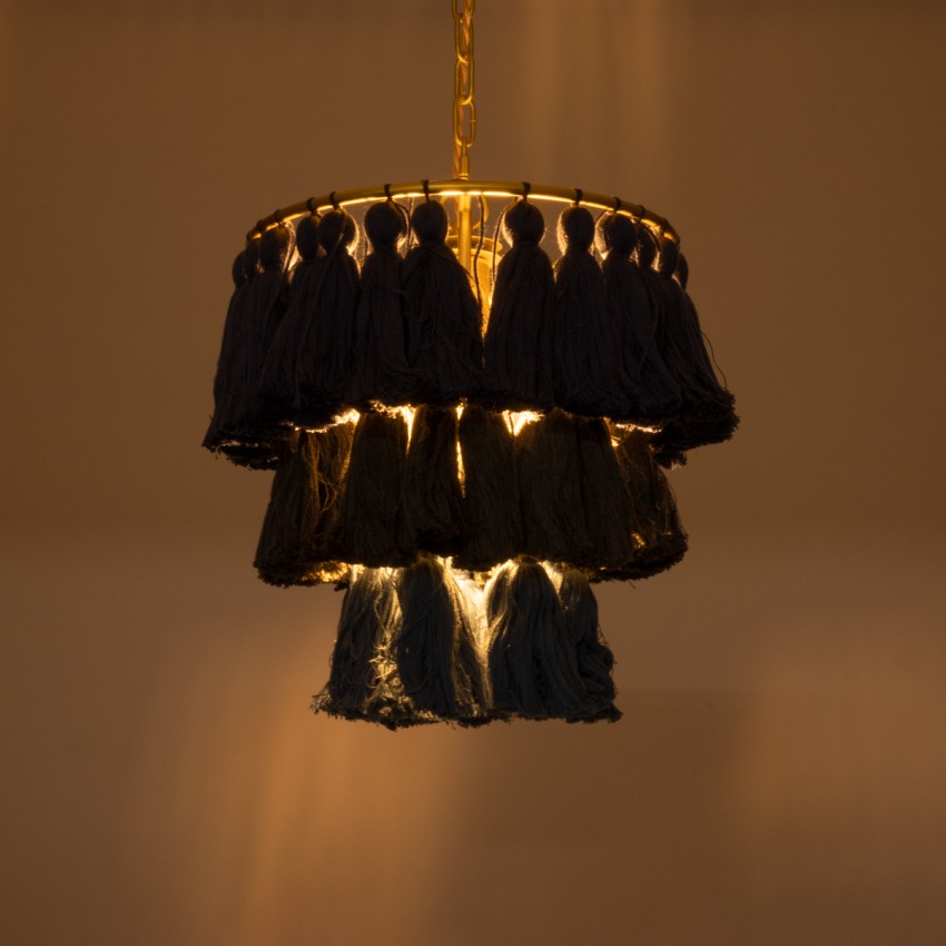 MISSOULA  Boho Κρεμαστό Φωτιστικό Σχοινί Μονόφωτο 1 x E27 IP20 Μπλε & Μαύρο Ύφασμα με Χρυσό Μέταλλο - Μ30 x Π30 x Υ40cm