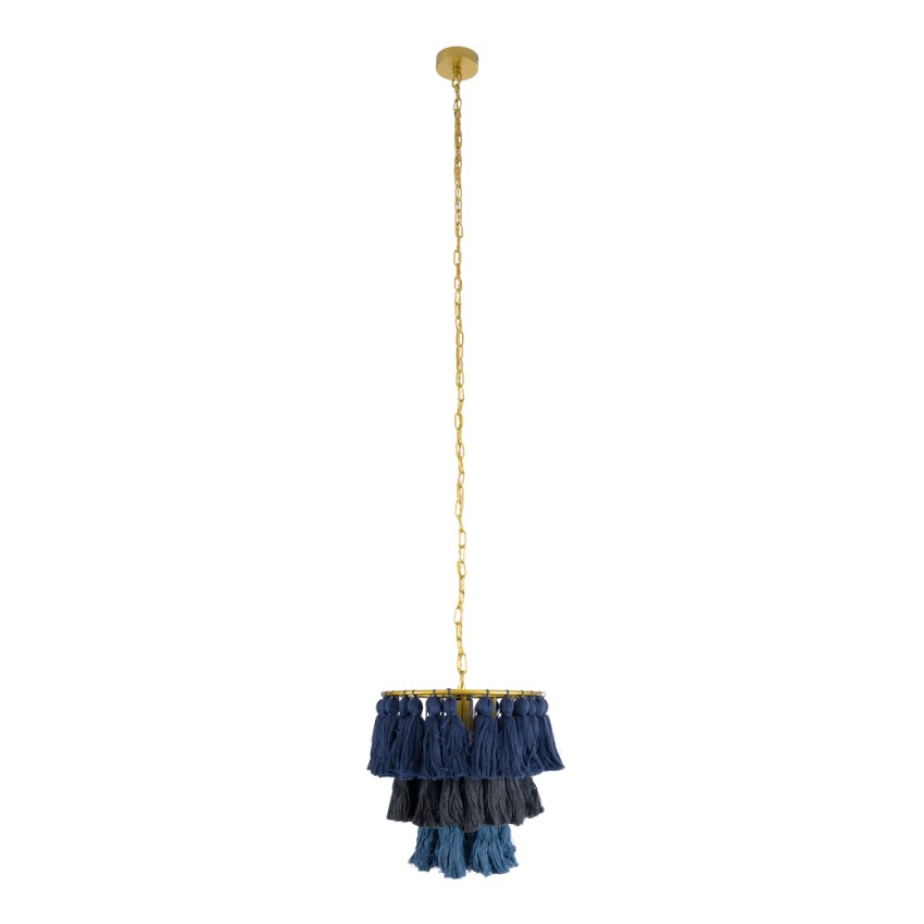 MISSOULA  Boho Κρεμαστό Φωτιστικό Σχοινί Μονόφωτο 1 x E27 IP20 Μπλε & Μαύρο Ύφασμα με Χρυσό Μέταλλο - Μ30 x Π30 x Υ40cm